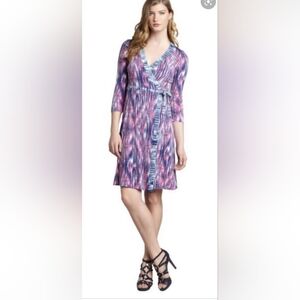 BCBGMaxAzria Pink and Blue Wrap Dress Fit and Flare V-Neck